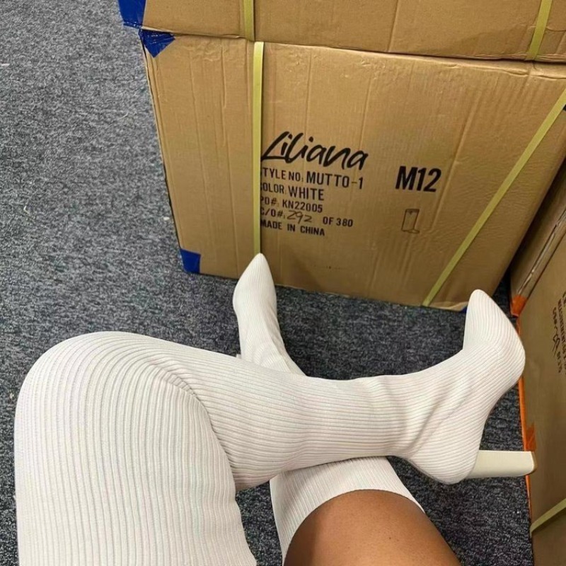 Knee High Sock Women - レディースファッション セクシー ニーハイブーツ 太もも丈 ポインテッドトゥ リブ編みニット