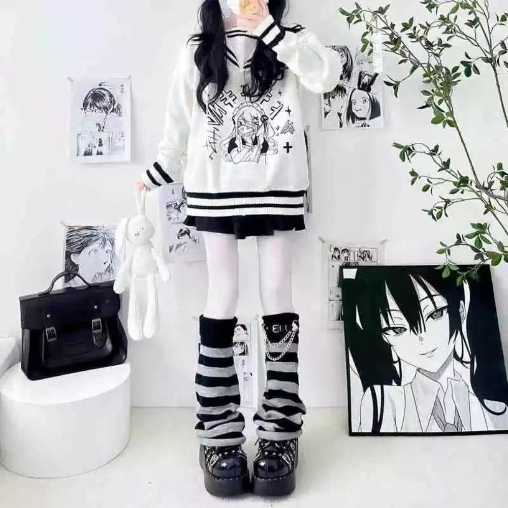 Boot Sock Slouchy - 日本のハラジュクスタイルのニットレッグウォーマー、ルーズなニットストライプブーツカフス、女性用ルーズチェーンレッグウォーマーソックス