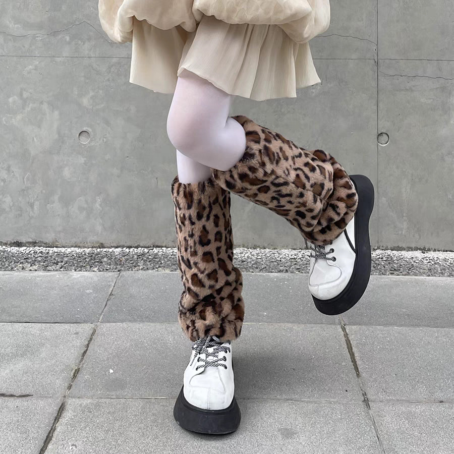 Boot Sock Slouchy - フェイクファー レオパード柄 レッグウォーマー 冬用 厚手 プラッシュ
