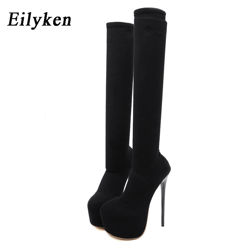 Eilyken-膝上の女性用ブーツ,丸いつま先の黒のニットシ - Knee High Sock Women のレビューと価格