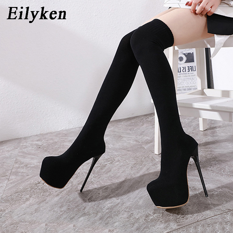 Eilyken-膝上の女性用ブーツ,丸いつま先の黒のニットシ - Knee High Sock Women のレビューと価格
