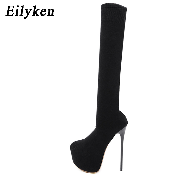 Eilyken-膝上の女性用ブーツ,丸いつま先の黒のニットシ - Knee High Sock Women のレビューと価格
